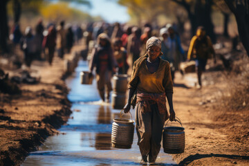 Fototapeta premium Access to Clean Water. Individuals carrying containers for water in areas without clean water access, highlighting the global issue of water scarcity. Generative AI.