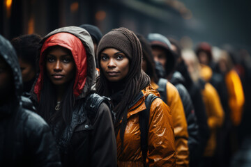 Food Insecurity. Individuals waiting in line for food assistance, highlighting the challenges of access to nutritious food. Generative AI.