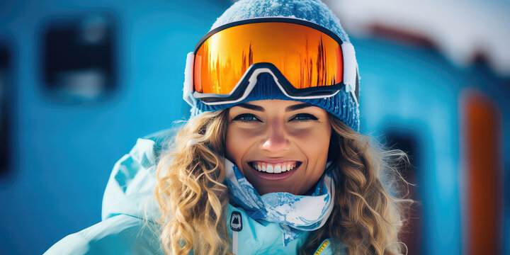 Portrait of snowboarder smiling happy young woman in blue suit goggles mask, hat, ski padded jacket. 