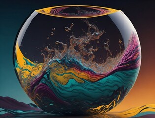 Glass sphere with colorful wave and water splashes