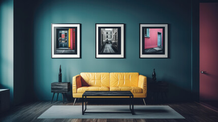 minimal design appartment, a wall with 2 or 3 picture frames, modern living-room, colourful furniture, perpendicular composition, center perspective, very detailed, photorealistic, photographic.