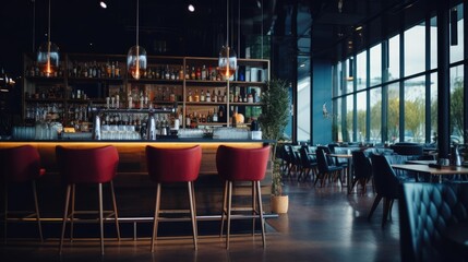 Modern interior in cafe with bar and chairs with dark walls