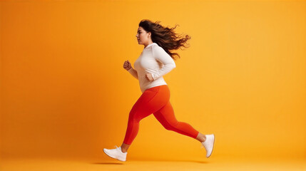 Fototapeta na wymiar Plus-size woman running on color background. Generative AI