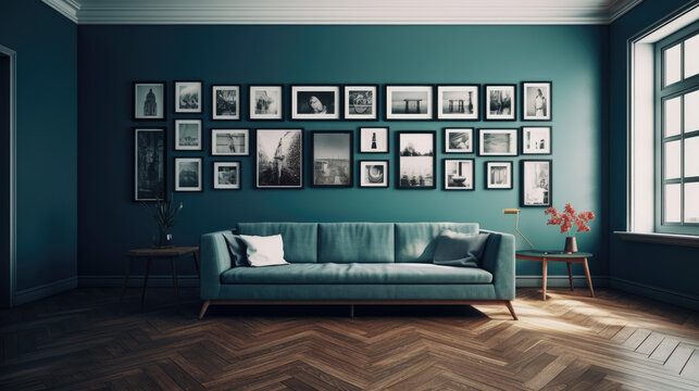 minimal design appartment, a wall with 2 or 3 picture frames, modern living-room, colourful furniture, perpendicular composition, center perspective, very detailed, photorealistic, photographic.