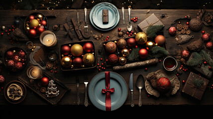 Christmas background or greeting card. Christmas presents in red box on dark table with festive decorations. Top view with copy space.