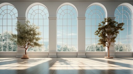 Interior of empty modern luxury open space area for office or apartment. Hardwood floor, white walls, classic elements in design, plants, large arch windows with forest view. Template, 3D rendering.