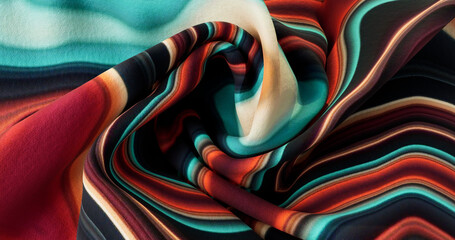 Twisted multicolored woven fabric. Swirled multicolored fabric. Close-up of intricately woven textile with spiral swirl patterns. Background of twisting fabric with a captivating twist. - obrazy, fototapety, plakaty