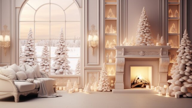 Interior of classic white living room with Christmas decor. Blazing fireplace, burning candles, elegant Christmas trees, comfortable couch, shelves with baubles, large window with winter forest view.