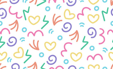 Vector colorful line doodle seamless pattern. Creative abstract style art symbol background for children or celebration design with basic shapes. Simple childish scribble wallpaper print.