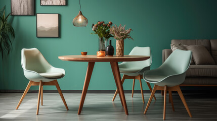 Mint color chairs at round wooden dining table in room with sofa and cabinet near green wall.