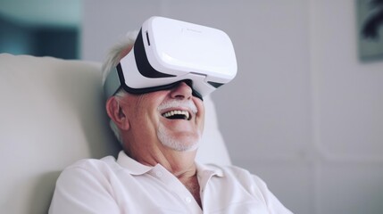 Happy old man wearing VR technology headset on sofa in white living room