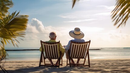 Happy seniors enjoying of retirement on beachchair with a beach in morning near palm tree