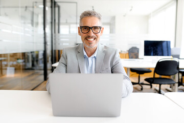 Front view of cheerful mature 50s businessman using laptop in contemporary office, looking at the camera and smiling, portrait of high-skilled friendly ceo, manager on the workplace