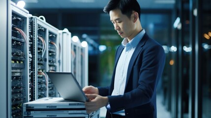 Fototapeta premium IT Engineer holding laptop and check in big database server center office