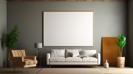 Front view of a modern minimalist scandi living room. Gray wall with poster template, comfortable couch and armchair, coffee table, plants in pots. Home decor. Mockup, 3D rendering.