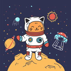 Astronaut cute cat space moon print concept. Vector flat graphic design illustration
