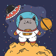 Astronaut cute cat space moon print concept. Vector flat graphic design illustration
