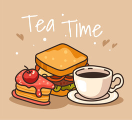 Tea party time breakfast with donut cupcake concept. Vector flat graphic design illustration

