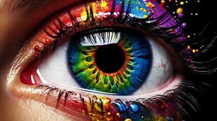 Eye of model with colorful art make-up, close-up - obrazy, fototapety, plakaty
