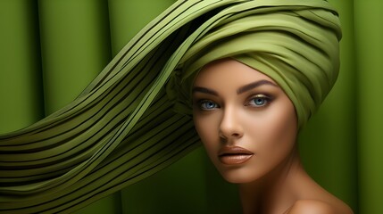 Beautiful women with fashion green background, photography for advertising product design with copy space.