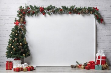 Fototapeta na wymiar Christmas background with fir tree and decoration on wooden board. or Happy New year concept
