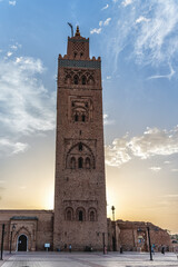 Koutoubia Mosque Tower in Marrakech at sunset, Morocco, blue sky background