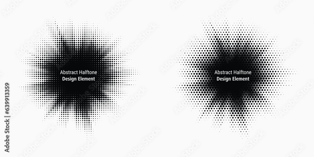 Poster Halftone circle frame background set. Round border Icon using halftone random circle. Grunge circular stain. Vector illustration.