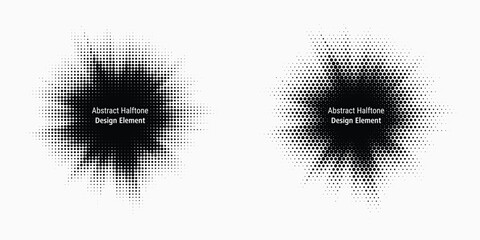 Halftone circle frame background set. Round border Icon using halftone random circle. Grunge circular stain. Vector illustration.