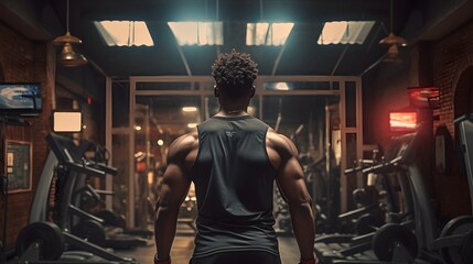 Back of young handsome sportsman bodybuilder weightlifter with an ideal body, after coaching poses , abdominal muscles, biceps triceps. In sportswear. - obrazy, fototapety, plakaty