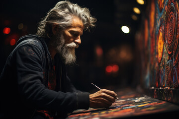 Obraz premium Artistic Expression. Person painting a mural with symbols of peace, capturing the power of art to convey a message of harmony. Generative Ai.