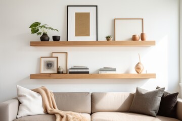 A wooden shelf floats against a white wall. Creating a home storage system. Decorating a contemporary family room.