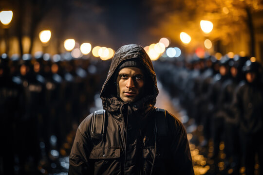 Nonviolent Resistance. Person standing peacefully in front of a line of armed officers, representing the strength of nonviolent protest. Generative Ai.
