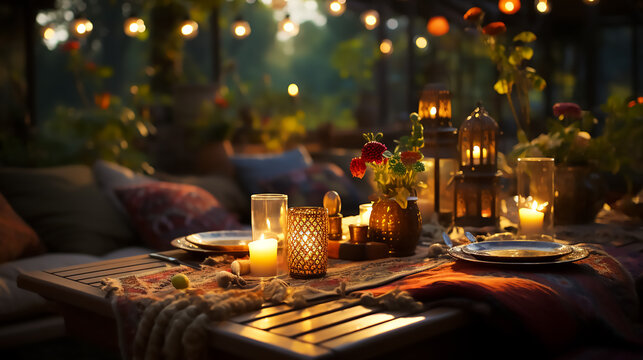 A picnic table with a tablecloth in the background, in the style of enchanting lighting, orient - inspired, maximalism, 32k uhd, use of earth tones,