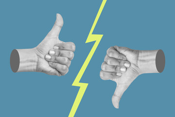 Female hands showing like and dislike gestures isolated on blue background. Positive and negative...