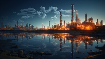 Naklejka premium factory, industry, construction, futuristic, pipe, industrial building, gas, facility, system, structure. background image is factory and industry, there have large pipe, gas from that pipe into sky.