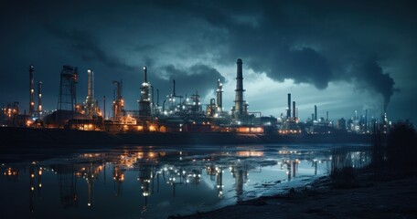 Naklejka premium factory, industry, construction, futuristic, pipe, industrial building, gas, facility, system, structure. background image is factory and industry, there have large pipe, gas from that pipe into sky.