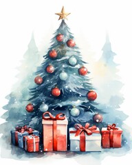 Watercolor illustration of christmas tree with gifts in the forest
