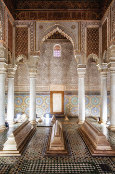Saadian tombs with decorative tiles at marrakech medina