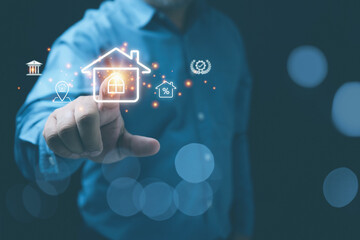 Businessman touching virtual house. Real estate investment. Saving money for buy, and sell properties for profit. Financial, investment, cash flow for profit.