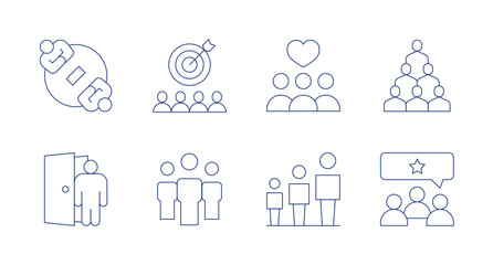 People icons. Editable stroke. Containing meeting, target, heart, people, dismiss, teamwork, age range, rating.