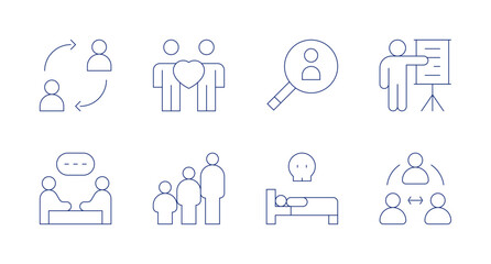 People icons. Editable stroke. Containing change, solidarity, search, presentation, meeting, age group, person, third party.