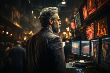 Obraz premium Traders immersed in a bustling stock exchange, monitoring screens and reacting to market fluctuations with focused intensity. Concept of Dynamic Trading Floor. Generative Ai.