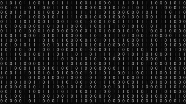 Binary code black and white background with digits moving on screen, Concept of digital age. Algorithm binary, hud interface, data code, decryption and encoding, row matrix background