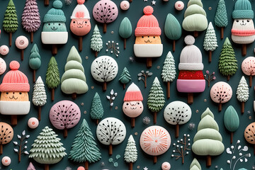 Smaragdgrüner Hintergrund mit 3D lustigen Weihnachtsmännern mit Strickmützen und Tannenbäumen in Winterfarben im DIY Stil als nahtlose Textur - 639915727