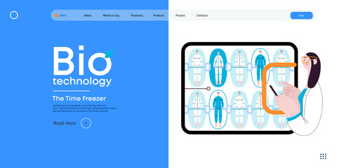 Bio Technology, Cryocapsule Time Freezer -modern flat vector concept illustration of futuristic cryocapsules resembling frozen time vaults. Metaphor of preserving life, time through cryonic technology