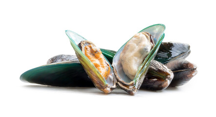 Steamed or cooked food of fresh beautiful green mussels in stack isolated on white background with clipping path