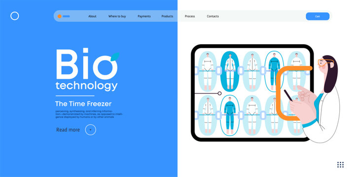 Bio Technology, Cryocapsule Time Freezer -modern flat vector concept illustration of futuristic cryocapsules resembling frozen time vaults. Metaphor of preserving life, time through cryonic technology