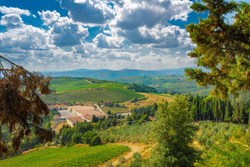 Fototapeta na wymiar Castello di Brolio. View from the castle over the Vineyards in Gaiole in Chianti. Chianti Valley, Siena, Tuscany, Italy