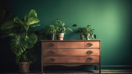 Modern chest of drawers with houseplant near green wall in room.