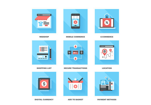 Vector set of flat digital commerce icons on following themes - webshop, mobile commerce, ecommerce, shopping list, secure transactions, navigation, digital money, add to basket, payment methods.